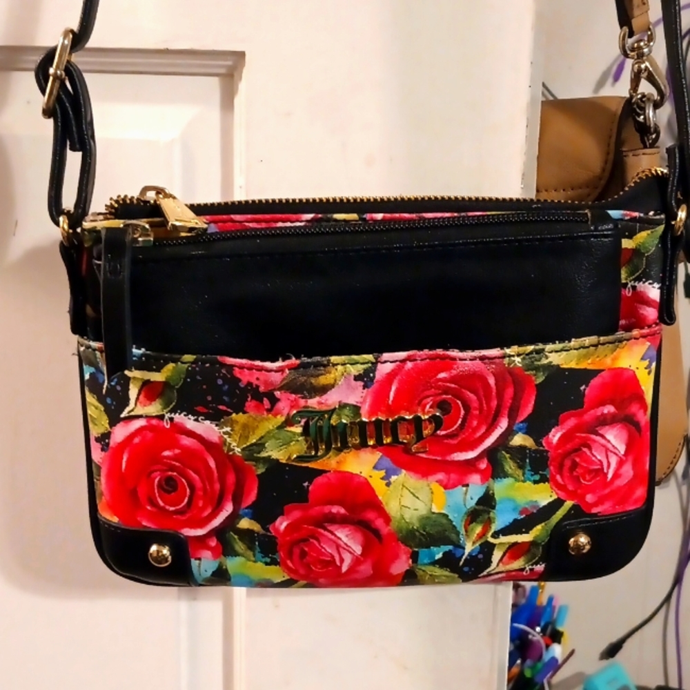 Juicy Couture Pink Green & Baby Blue Floral Print Crossbody Bag NWOT